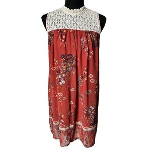 Xhilaration Bohemian Lace Yoke Dress - Size Medium (Terracotta/Floral Pr…